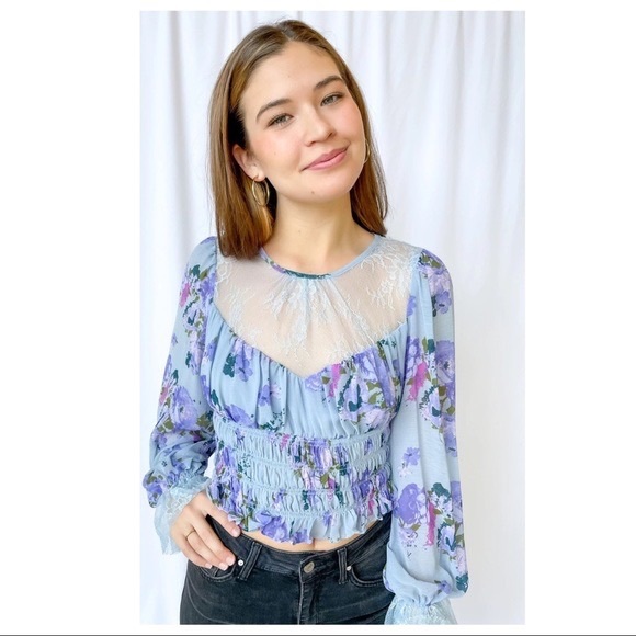FREE PEOPLE BOHO BLOUSE FLORAL PRINT LACE CROP TOP A3C - Picture 5 of 10